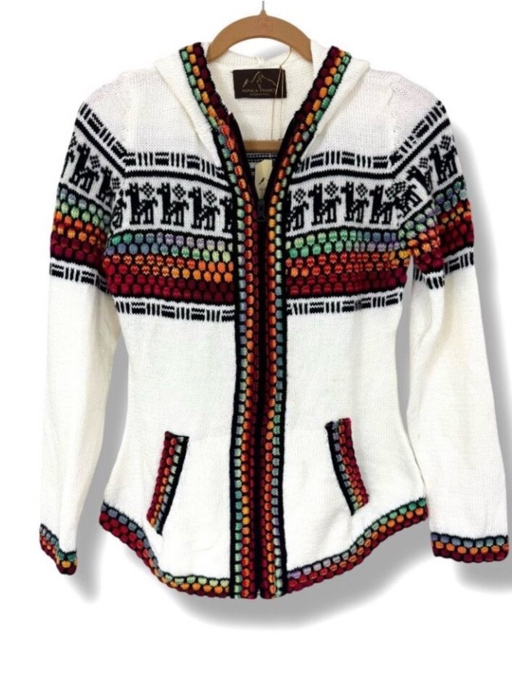 Alpaca Franco White Hooded Alpaca Fair Isle Zip Cardigan with Multicolor Trim